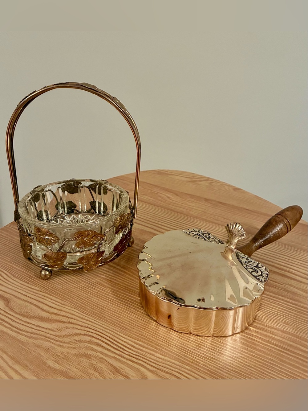 VTG Hollywood Regency Bundle -Brass Silent Butler & Leaf Gold Tone Glass Basket